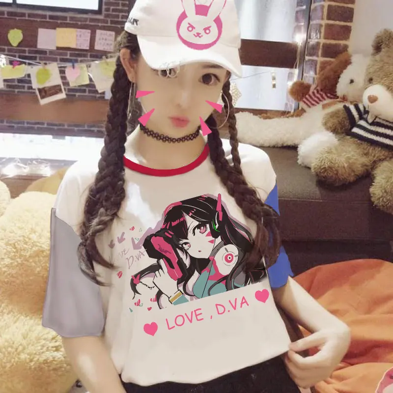 

11Gong 2017 Women Harajuku Patchwork D.va Short Sleeve T Shirt Stitching Female Hana Song Casual T-shirt Ladies Cotton Tees
