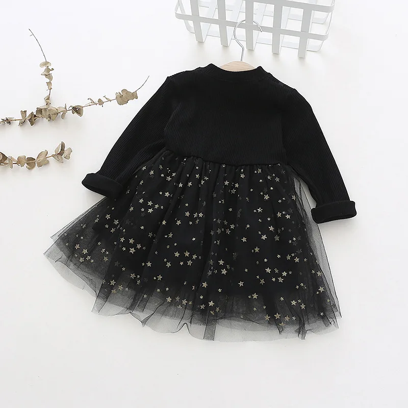 

Girls Long Sleeve Casual Dress Autumn 2019 Kids Pink Black Lace Stars Knit Cute Princess Dresses Children's Spring Vestidos
