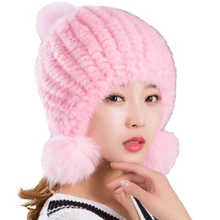 Женские шапки из натурального меха норки с помпоном из лисьего меха, ручная зимняя теплая вязаная шапка для милых девушек