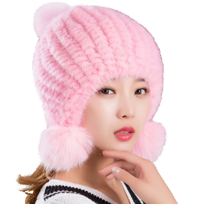 

Women Real Mink Fur Hats With Fox Fur Pom Pom Hand-Woven Winter Warm Beanies Cap For Sweet Girls