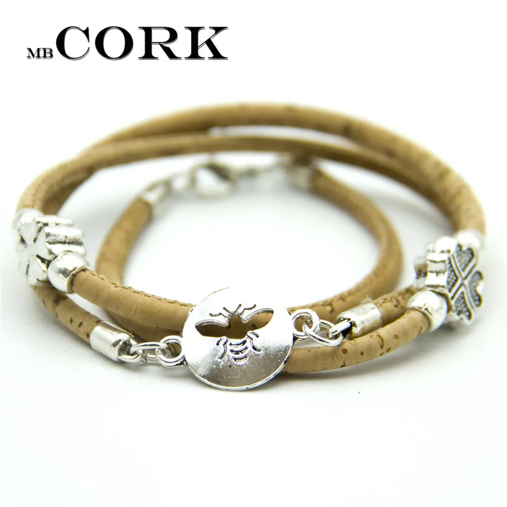 

Natural cork made bee bracelet with Clover beads handmade friendship bracelet jewelry wooden bracelet adjustable size BR-287
