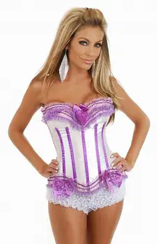

White and Purple Lace Up Corset Lace Ruffle Trims Ribbon Sweetheart Neckline Sexy Corset Lingerie
