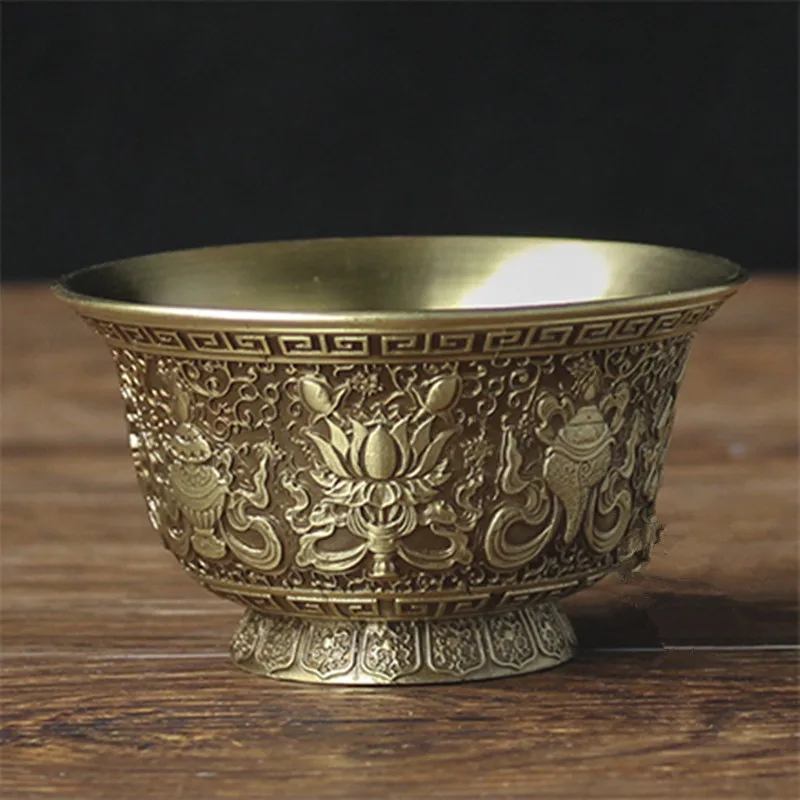 Eight Auspicious Exquisite Tibetan Buddhism Brass Carving Tall Cup Pray
