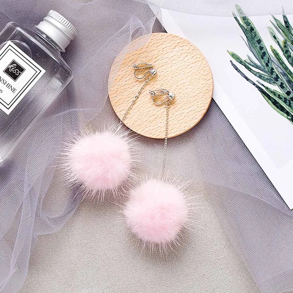 Rabbit Fur Ball PomPom Long wedding clip on earrings for Women Unique Soft Pom Pom Ear Earring Jewelry Cute Christmas Gift (4)