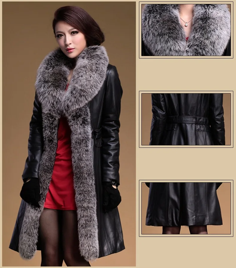 Большой размер 5XL зимний женский пуховик из лисьего меха Высококачественная тонкая черная темпераментная Длинная кожаная куртка теплая верхняя одежда