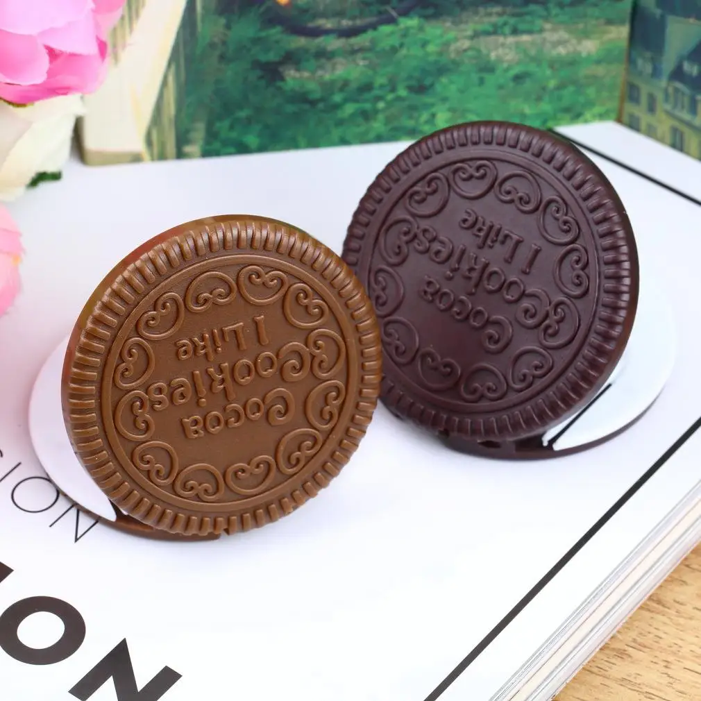 

Promotion New arrival Super Deals Brown Cute Cookie Shaped Design Mirror Makeup Chocolate Comb pocket Mirror can stand Mirror