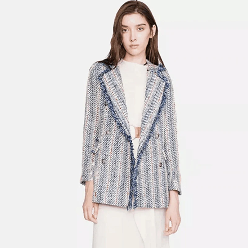 Jacket blue striped tweed jacket suit collar long section 2019 autumn/winter women's coat wild lady jacket