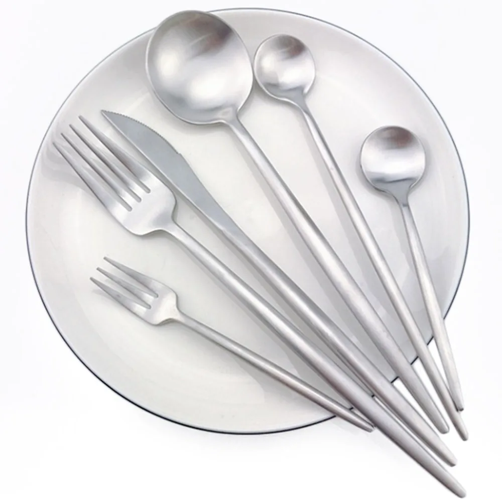 

36 Pieces Matte Silver Dinnerware Set Luxury Cutlery Set Stainless Steel Dinner Knife Cake Fork Long Handle Scoops Tableware Set