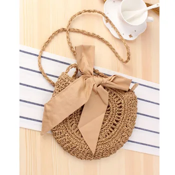 

Bow Ribbon Woven Handmade Round Straw Bag Small Crossbody Bag for Women Beach Handbag Circle Straw Bag Female Shoulder Bags W342