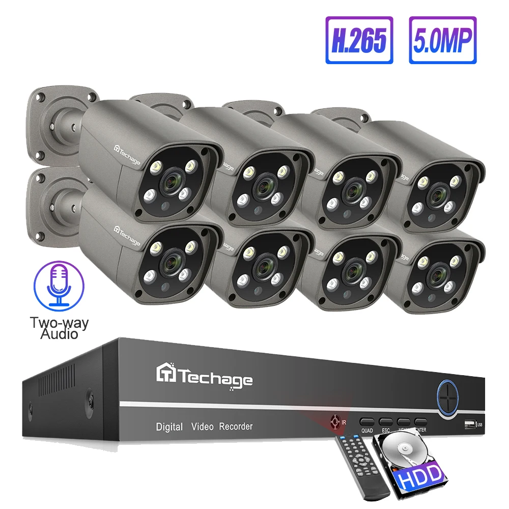 Techage 8CH 5MP POE NVR система безопасности камеры H.265 двухсторонняя аудио запись ip камера