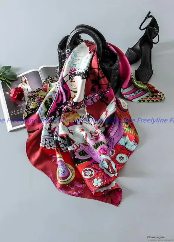 Модный Печатный Шелковый саржевый шарф хиджаб женский большой квадратный шелковый шарф шаль обертывания для обертывания волос ручной прокатки 88x88 см - Цвет: Red