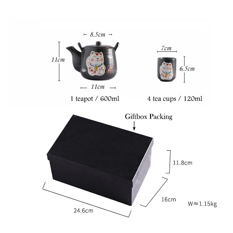 Набор японских керамических чайников с милым котом, чайная чашка, чашка для воды, фарфоровый чайник с дизайном Maneki Neko(4 чашки+ 1 чайник