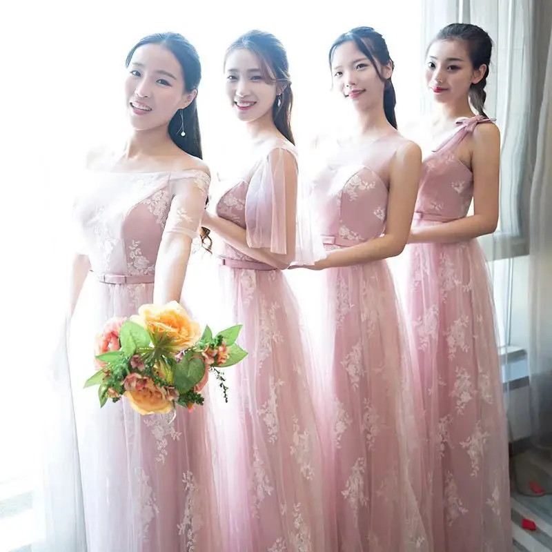 

Elegant Pink Lace Bridemaid Dresses 2019 Long Formal Wedding Party Prom Reflective Dresses robe de soiree vestido de noiva