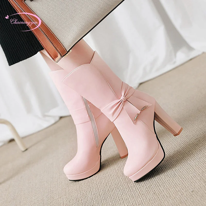 

Chinese OL style comfortable round toe mid calf boots fashion bowknot zipper platform high heel thick women's riding boots