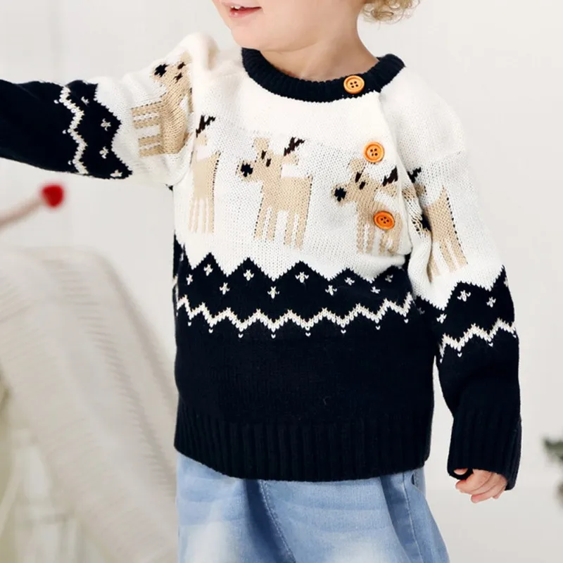 Зимний теплый рождественский пуловер с изображением оленя для маленьких мальчиков и девочек свитер с длинными рукавами