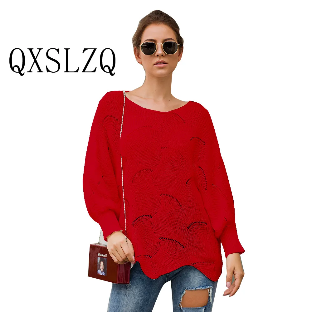 

2019 elegant Autumn Winter Solid Women Sweater Hollow Out Thin Knitted Sweaters Women Loose Irregularity Knitwear Female Tops