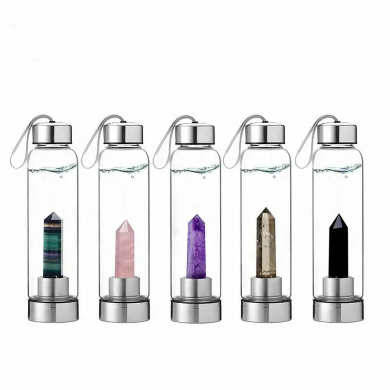 

Natural Crystal Point Healing Obelisk Wand Elixir Quartz Crystal Water Bottle with Bag