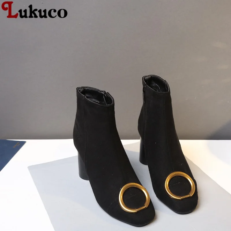 

Lukuco 2018 Women Sexy Boots Large Size 45 46 47 48 Ankle Boots Square Heel High Heels Shoes Woman Female Flock Boots Woman