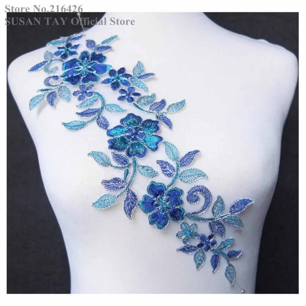 

New Blue/Teal Blue/Silver Flower Embroidery Patches Neckline Lace Appliques Dance Costume DECOR Sewing DIY Crafts 2pcs/lot BNC92