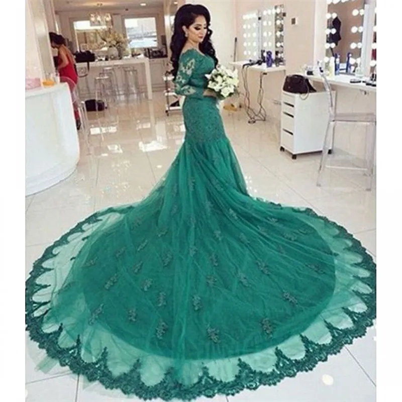 

Green Long Sleeves Mermaid Wedding Dresses for Women 2019 Appliques Tulle Boat Neck Vestido De Noiva Off Shoulder Bridal Gowns