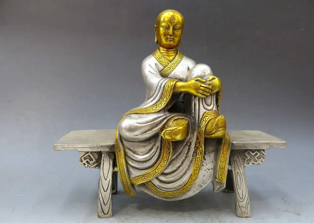 

8" China hand-made silver gilt carved fine Three eyes buddha sculpture Statue