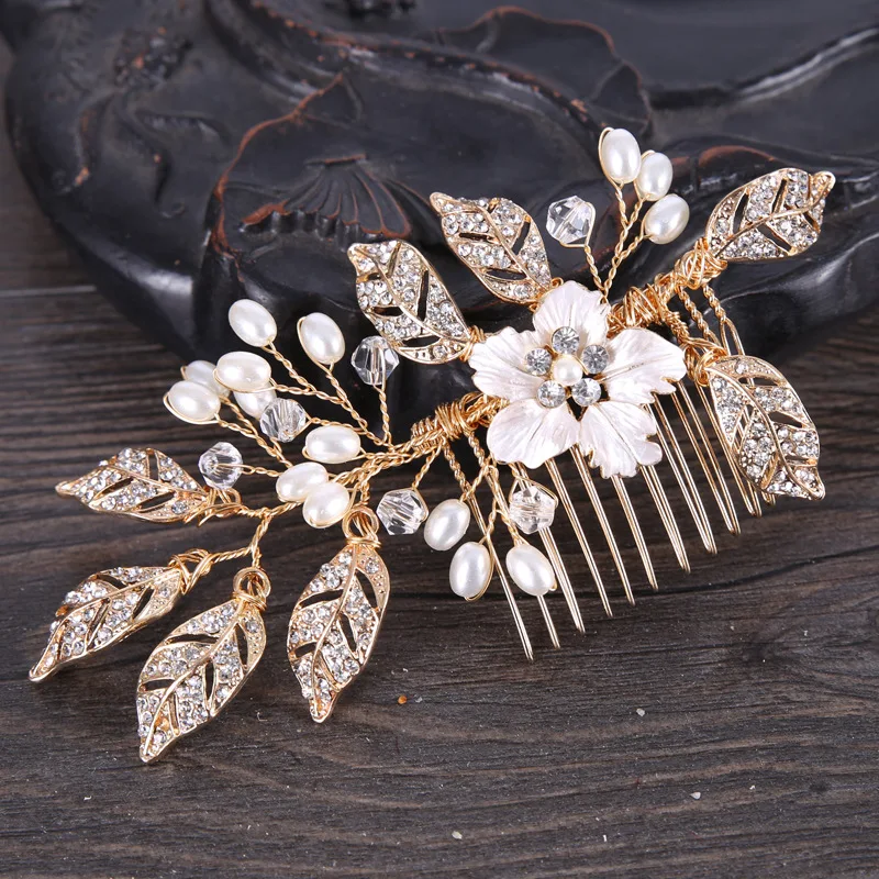 Golden Wired Rhinestones Crown Shinning Crystal Leaves Pearl Hair