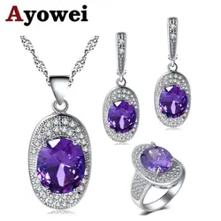 Ayowei слитки дизайн фиолетовый циркон для женщин Серебряные серьги цепочки и ожерелья кулон кольца Ювелирные наборы США Размеры #6 #7 #8 #9 #10 JS718A