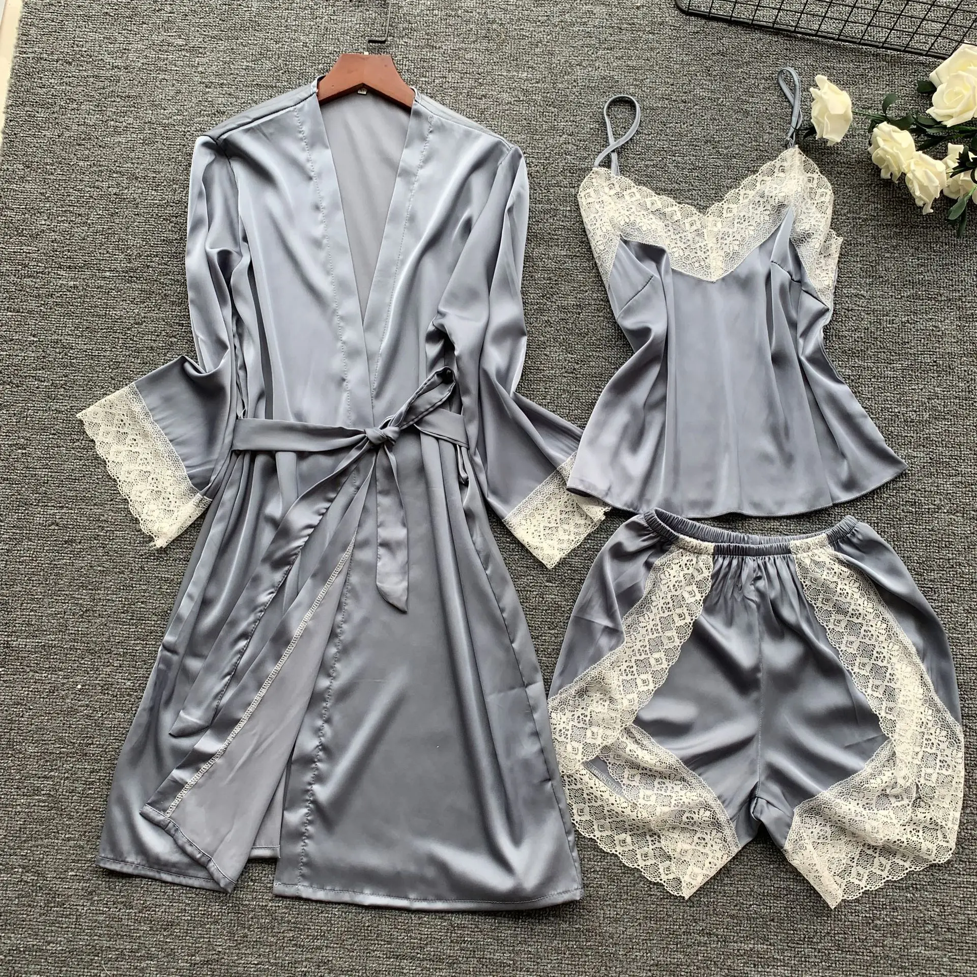 

Gray Chinese Female Silk Robe Set Sexy 3PCS Kimono Yukata Gown Lace Trim Cami+Robe+pant Mujer Pijama Suit Sleepwear Nightwear