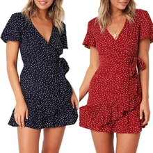 Women's Deep V-Neck Short Sleeve Flare Asymmetric Print Float Short Mini Dress Women's Deep V-Neck Short Sleeve Flare Asymmetric Print Float Short Mini Dress
