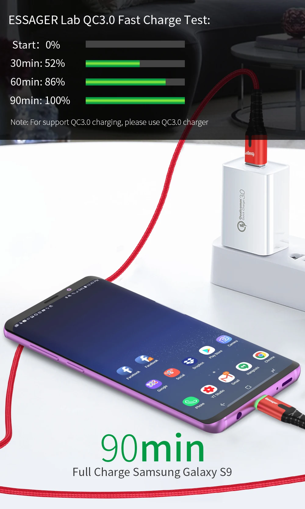 Essager светодиодный кабель usb type C 3 м кабель для быстрой зарядки кабель usbc для Xiaomi K20 samsung Oneplus 7 Pro мобильный телефон USB-C зарядное устройство