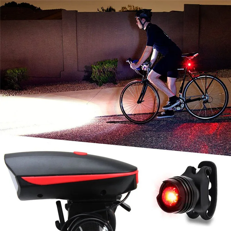 Rechargeable USB LED Bicycle Headlight Bike Tail Light Front Lamp Cycling Horn