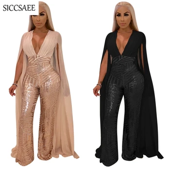 

2019 Sparkly Deep V Neck Rompers Womens Jumpsuit Cloak Sequins Patchwork See Through Luxury Sexy Overalls Backless Capes Glitter
