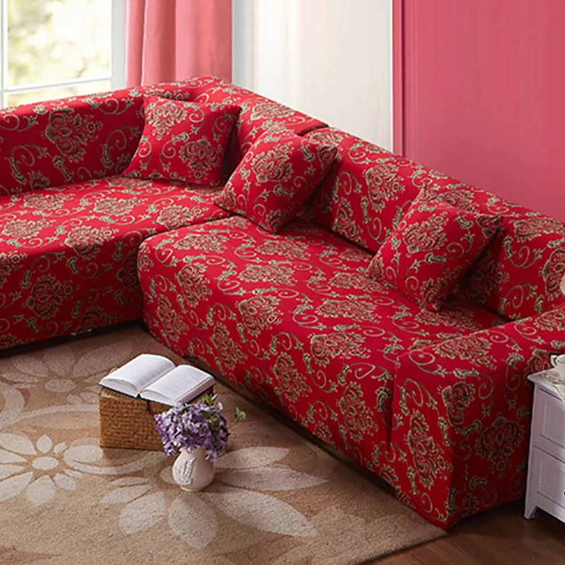 Chinese Red Style Polyester Sofa Cover Big Elasticity Flexible Couch
