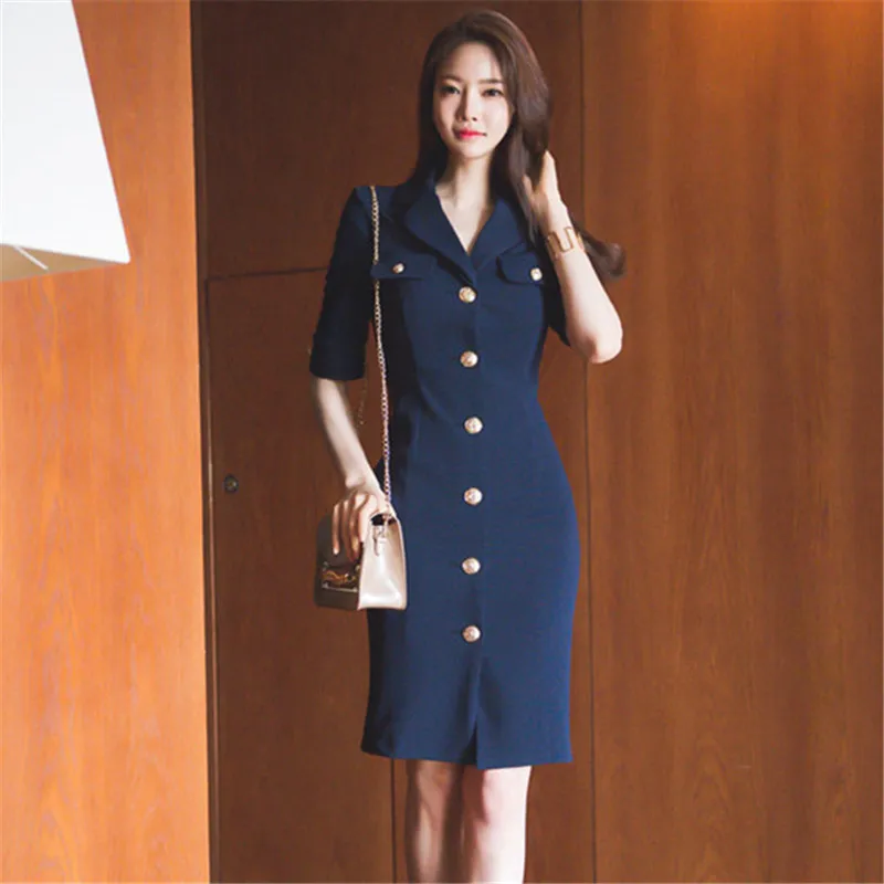 

Womens Elegant Notched Neck Spring Slim Wear to Work Business Office Lady Sheath Bodycon Summer Pencil Dress
