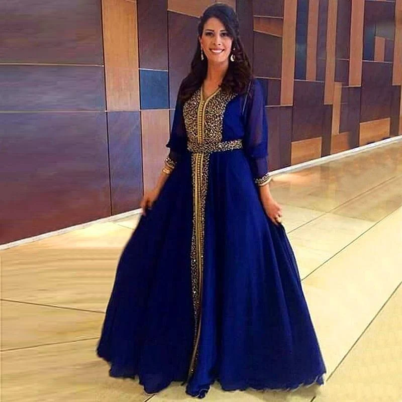 12175 21 De Réduction2016 Arabe Musulman Manches Longues Robe De Mariage Vestido Hijab Dubaï Marocain Bleu Royal Caftan Longue événement Robe