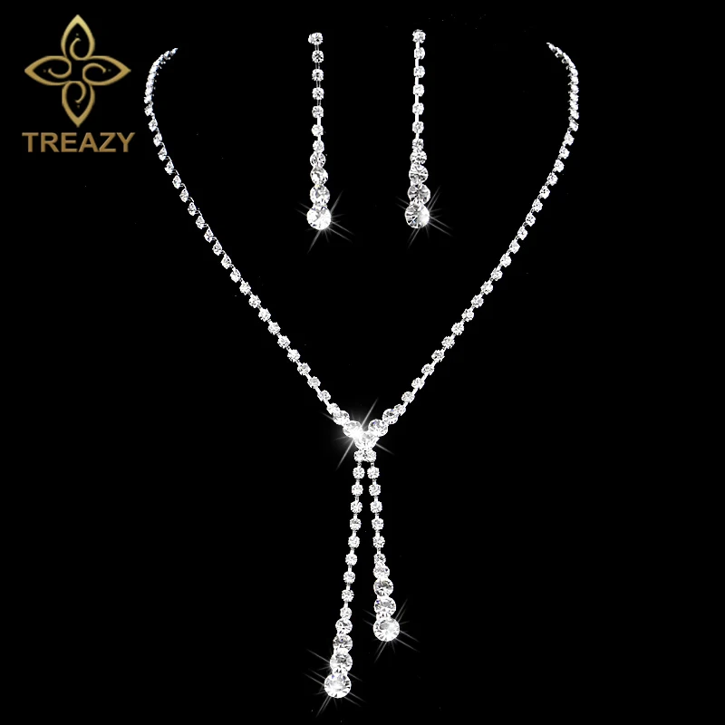 TREAZY Silver Color Crystal Bridal font b Jewelry b font Sets Sparkling Rhinestone Long Drop Necklace