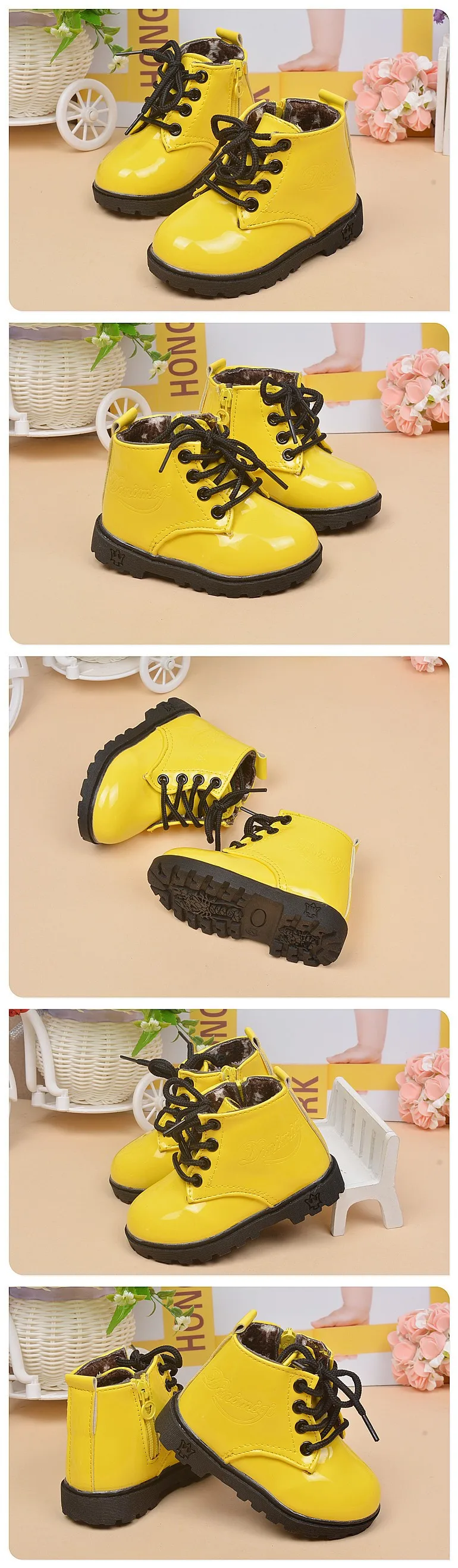 Kids Riding Shoes Round Toe Sweet Patent Leather Martin Boots Boys And Girls Lace Up Zipper Military winter boots for children (5)