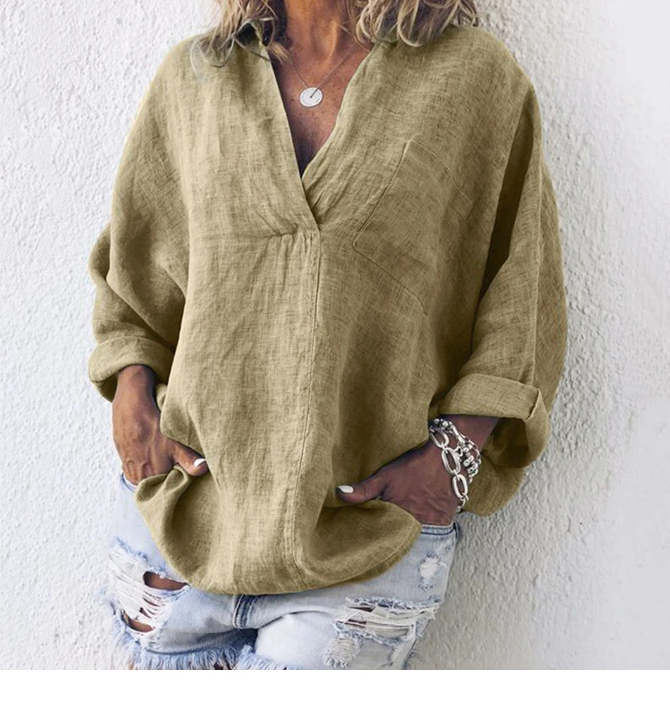 Loose Cotton Linen Female Tunic Casual Long Sleeve Plus Size Shirt Blouse Autumn Turn Down Collar Pocket Womens Tops And Blouses