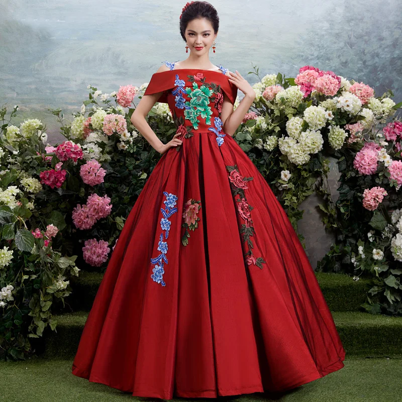 

Luxury Summer&Autumn Burgundy Forest Flowers Embroidery Floral Ball Gown Stage Performance Hostess Costume For Women
