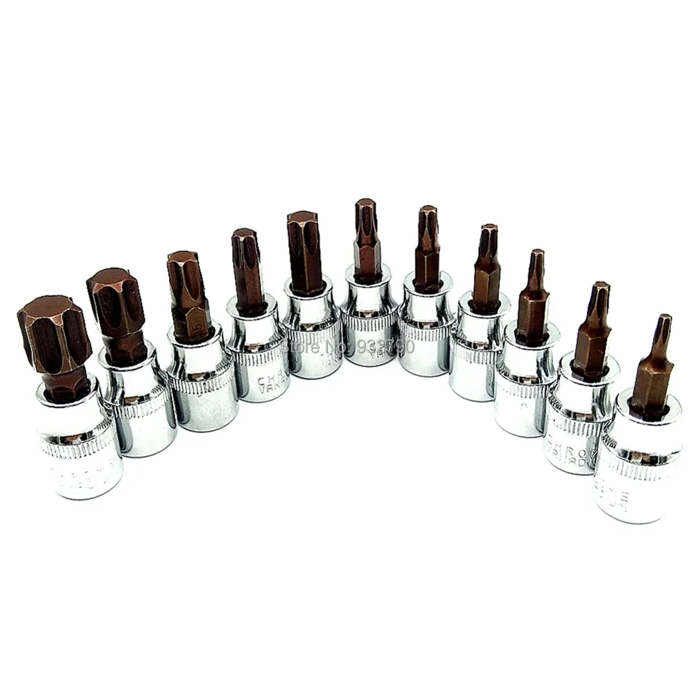 

Pack of 11 Torx Bit Socket Screwdriver Bits 3/8" 10mm Drive T10 T15 T20 T25 T27 T30 T40 T45 T50 T55 T60 Chrome Vanadium Steel