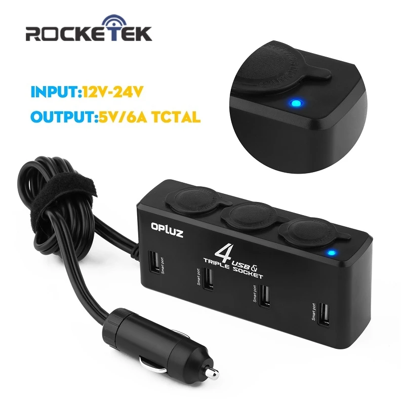 Rocketek High Output USB car charger 6A 3 Car Cigarette Lighter Splitter Adapter car charger for