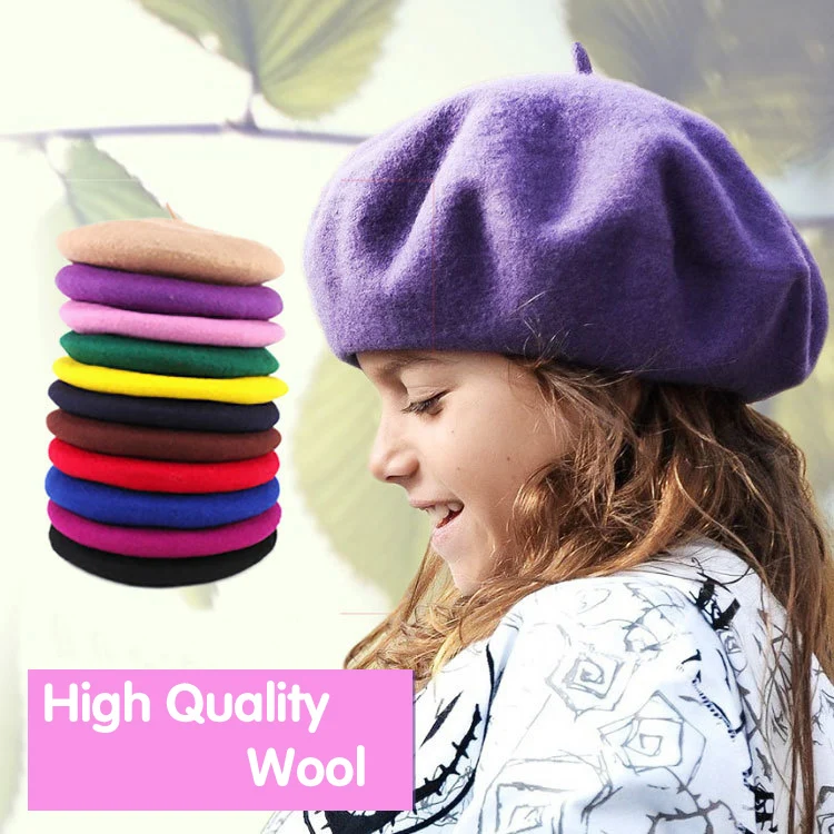 Beret Hat Kids Pure Wool Fashion British Style Solid Color Winter Hats For Boys Girls