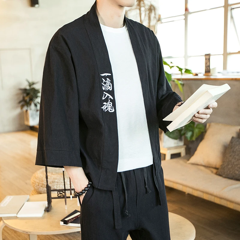 

Cotton Linen Men Kimono Jackets Male Chinese Style Three Quarter Sleeve Open Stitch Jackets And Coats Male Streetwear Cardigan