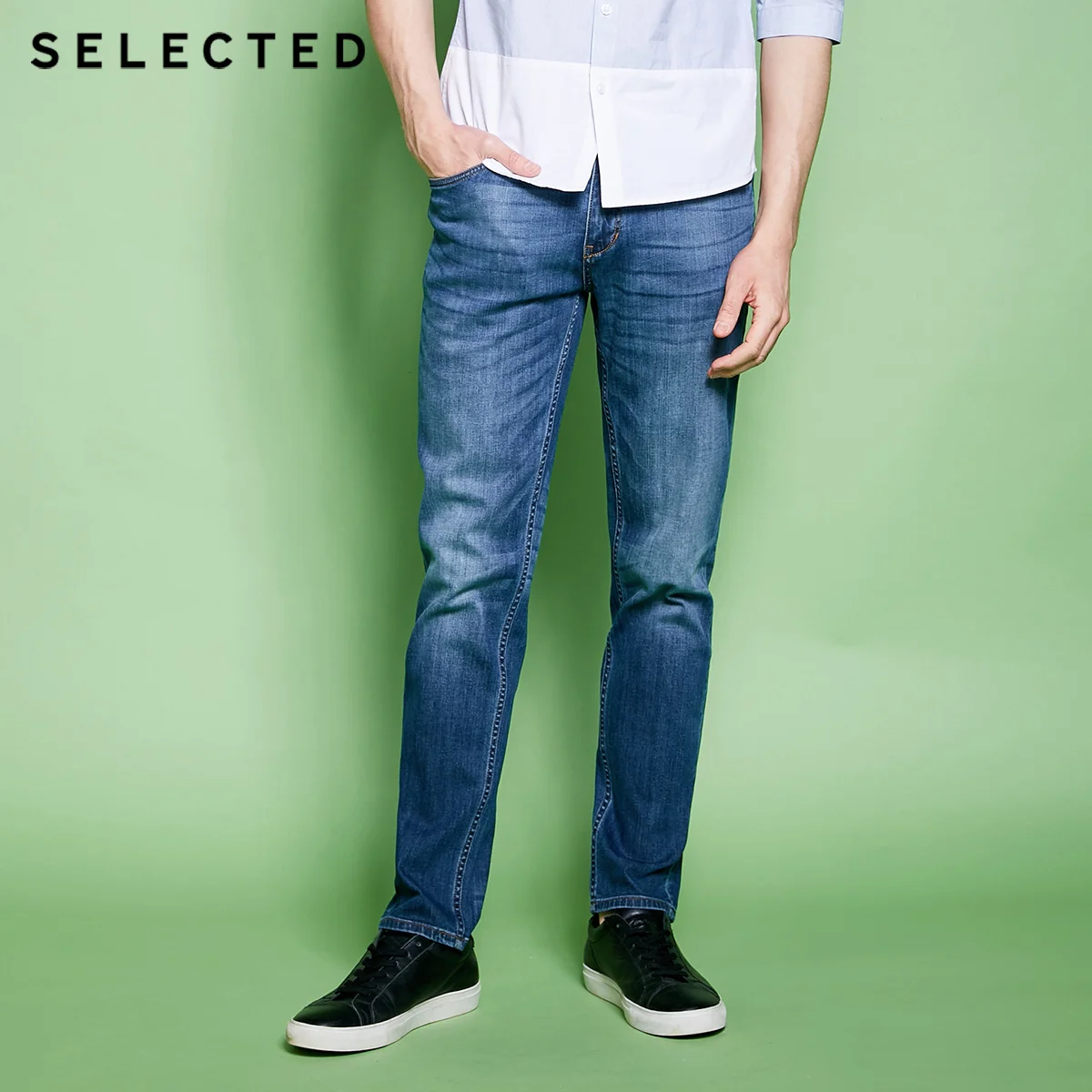 SELECTED Men’s Cotton-blend Slight Stretch Whiskers Wash Effect Slim Fit Jeans C|418132525