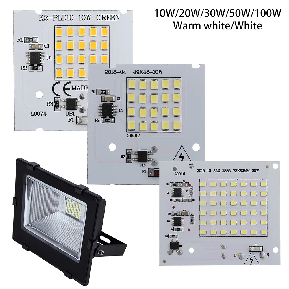 1 шт. SMD2835 чип-бисер Smart IC 220 В вход 10 Вт 20 Вт 30 Вт 50 Вт 100 Вт Светодиодный светильник DIY для наружного прожектора холодный белый теплый белый