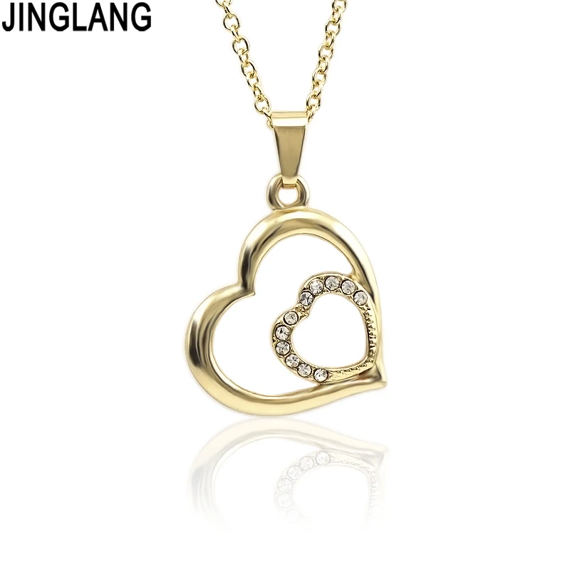 

JINGLANG Crystal Rose Necklace For Women Double Heart Pendant Charm Choker& Pendants lover Gift jewelry
