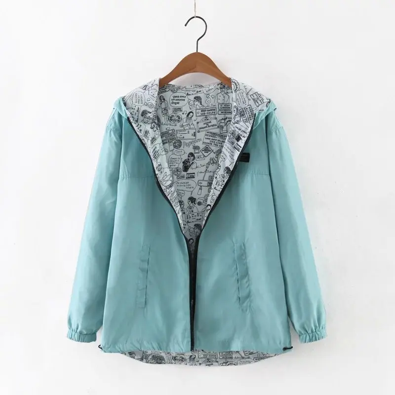 FEKEHA-2018-Autumn-Women-Bomber-Basic-Jacket-Pocket-Zipper-Hoodies-Women-Two-Side-Wear-Cartoon-Print - 