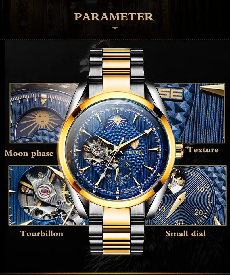 TEVISE Watch Men Moon Phase Mechanical Watches Luminous Automatic Watch Waterproof Steel Fashion Business Wristwatches Male  (4)