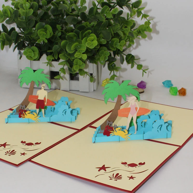  3D Laser Cut Handmade Red Cover Seashore Surfing Boy Girl Paper Invitation Greeting Cards PostCard  - 32889373666