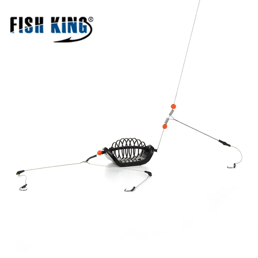 Fish King 20g-80g 1 pc Cage à appâts de pêche pivotant en acier inoxydable avec 3 crochets d'alimentation pour accessoires de pêche à la carpe